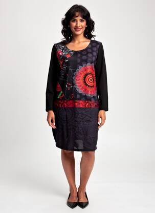 Rochie midi imprimeu fantezie mâneci lungi negru 101 IDEES femeie