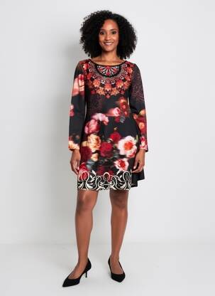 Rochie midi imprimeu fantezie mâneci lungi negru 101 IDEES femeie