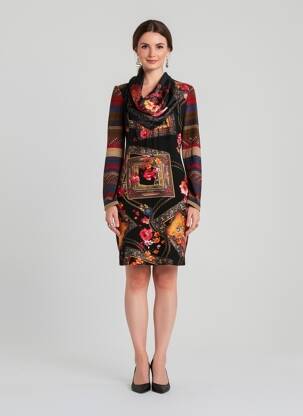 Rochie midi imprimeu fantezie mâneci lungi negru 101 IDEES femeie