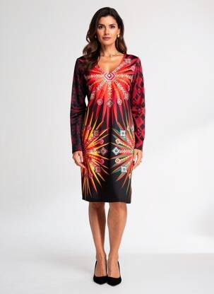 Rochie midi imprimeu fantezie mâneci lungi roșu 101 IDEES femeie