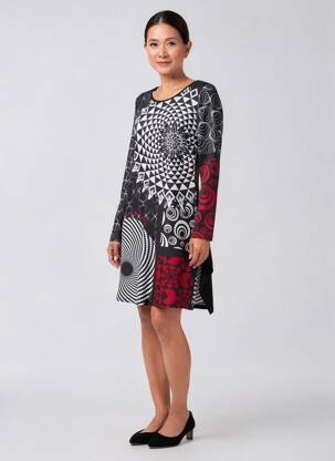 Rochie midi imprimeu fantezie mâneci lungi negru 101 IDEES femeie