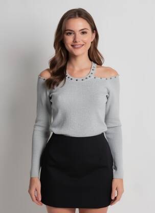 Pulover croială cambrată mâneci lungi gri MAILLE LOVE femeie