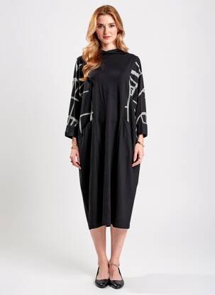 Rochie midi imprimeu fantezie mâneci lungi negru OZAI N KU femeie