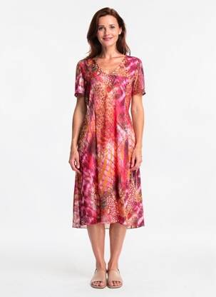 Rochie midi imprimeu fantezie mâneci scurte roz GRIFFON femeie