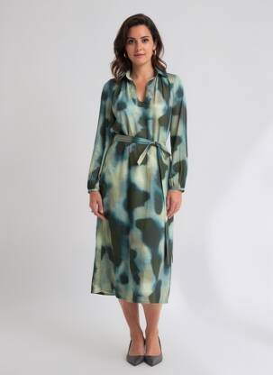 Rochie midi imprimeu fantezie mâneci lungi verde DIEGA femeie
