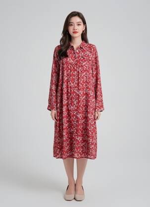 Rochie midi imprimeu fantezie mâneci lungi roșu BELLA JONES femeie