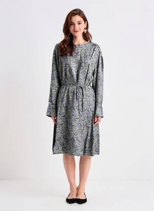 Rochie midi imprimeu fantezie mâneci lungi albastru CHLOÉ STORA femeie