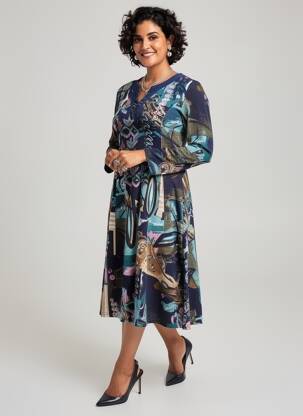 Rochie midi imprimeu fantezie mâneci lungi albastru GEVANA femeie