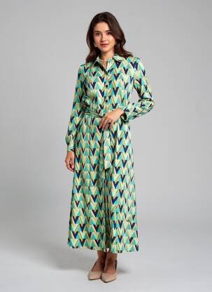 Rochie lungă țesătură poplin mâneci lungi verde BY SWAN femeie