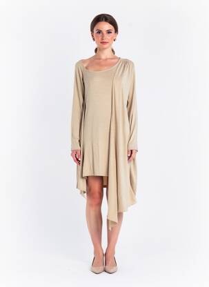 Rochie pulover croială cambrată mâneci lungi bej ANCOSTI femeie