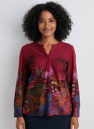 Tricou imprimeu fantezie mâneci lungi roșu PALME femeie