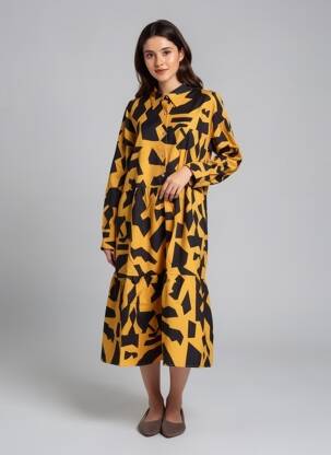 Rochie midi imprimeu fantezie mâneci lungi galben BUBBLEE femeie