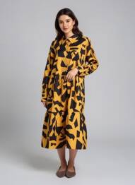 Rochie midi imprimeu fantezie mâneci lungi galben BUBBLEE femeie