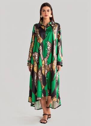 Rochie midi croială fluidă mâneci lungi verde BUBBLEE femeie