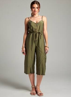 Salopetă-pantalon țesătură crep bretele subțiri verde ROSA FASHION femeie
