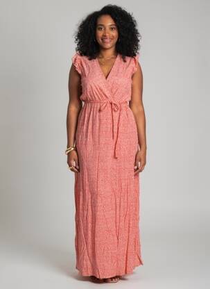 Rochie lungă imprimeu fantezie mâneci scurte roșu ROSA FASHION femeie