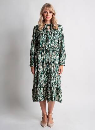Rochie midi imprimeu fantezie mâneci lungi verde ROSA FASHION femeie