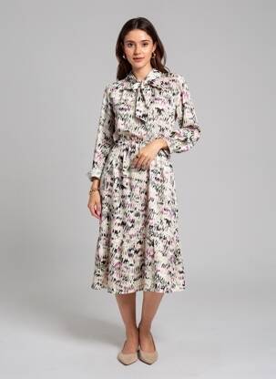 Rochie midi imprimeu fantezie mâneci lungi gri ROSA FASHION femeie
