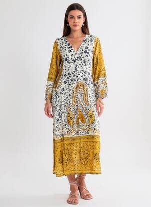 Rochie lungă imprimeu floral mâneci 3/4 galben ROSA FASHION femeie