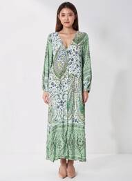 Rochie lungă imprimeu floral mâneci lungi verde ROSA FASHION femeie