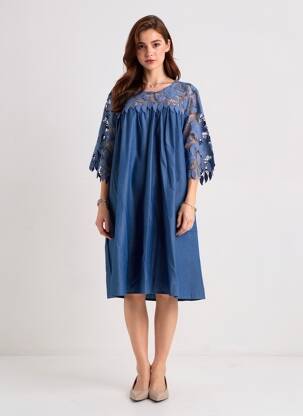 Rochie midi mâneci 3/4 mâneci 3/4 albastru BUBBLEE femeie