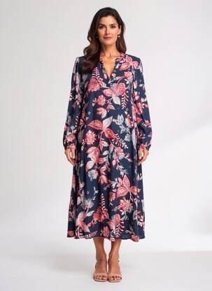 Rochie midi imprimeu fantezie mâneci lungi albastru CULTURE femeie