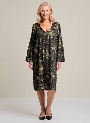 Rochie midi imprimeu fantezie mâneci lungi negru POISSONS BLANCS femeie