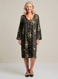 Rochie midi imprimeu fantezie mâneci lungi negru POISSONS BLANCS femeie
