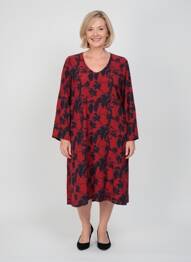 Rochie midi imprimeu fantezie mâneci lungi roșu POISSONS BLANCS femeie