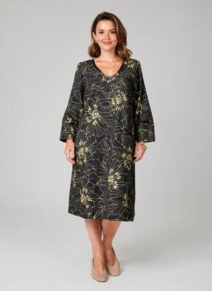 Rochie midi imprimeu fantezie mâneci lungi negru POISSONS BLANCS femeie