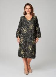 Rochie midi imprimeu fantezie mâneci lungi negru POISSONS BLANCS femeie