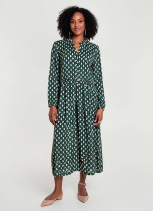 Rochie lungă imprimeu fantezie mâneci lungi verde C'EST BEAU LA VIE femeie