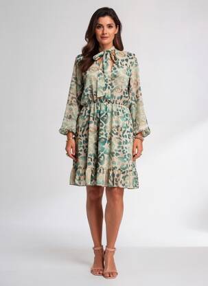 Rochie midi imprimeu fantezie mâneci lungi bej EGO femeie