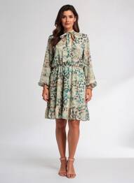 Rochie midi imprimeu fantezie mâneci lungi bej EGO femeie
