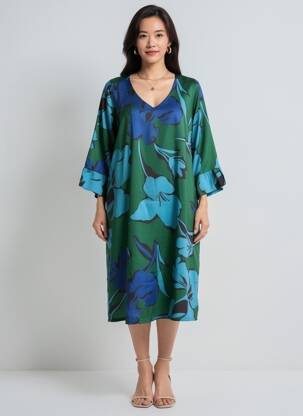 Rochie midi mâneci 3/4 mâneci 3/4 albastru POISSONS BLANCS femeie