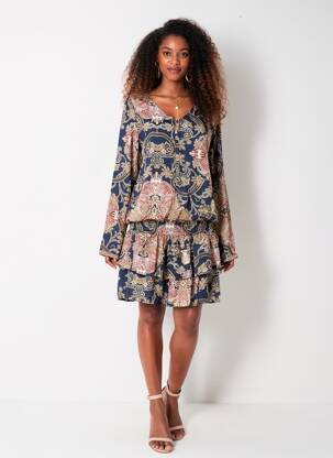 Rochie midi imprimeu fantezie mâneci lungi albastru MISMASH femeie
