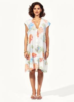 Rochie midi imprimeu floral mâneci scurte alb BLANC BOHEME femeie