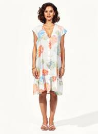 Rochie midi imprimeu floral mâneci scurte alb BLANC BOHEME femeie