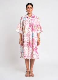 Rochie midi imprimeu floral mâneci lungi roz BLANC BOHEME femeie