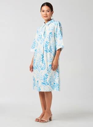 Rochie midi imprimeu floral mâneci lungi albastru BLANC BOHEME femeie