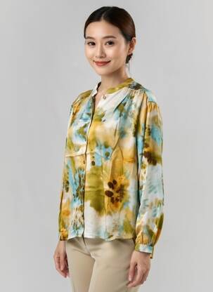 Cămașă croială dreaptă mâneci lungi verde BLANC BOHEME femeie