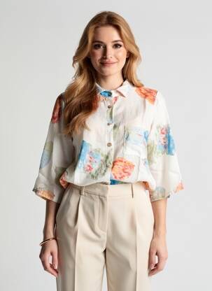 Cămașă imprimeu floral mâneci lungi bej BLANC BOHEME femeie