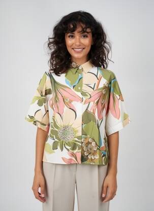 Cămașă imprimeu floral mâneci lungi verde BLANC BOHEME femeie