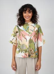 Cămașă imprimeu floral mâneci lungi verde BLANC BOHEME femeie