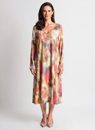 Rochie midi imprimeu fantezie mâneci lungi bej GUY DUBOUIS femeie