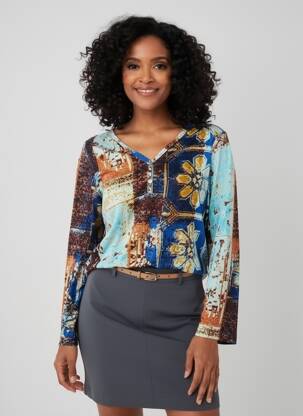 Tricou imprimeu fantezie mâneci lungi albastru ORIENTIQUE NATURALLY femeie