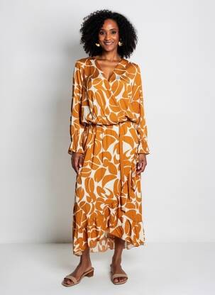 Rochie midi imprimeu fantezie mâneci lungi portocalie COULEURS DU TEMPS femeie