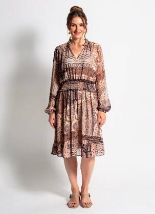 Rochie midi imprimeu fantezie mâneci lungi bej COULEURS DU TEMPS femeie