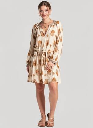Rochie midi imprimeu fantezie mâneci lungi bej LA PETITE ETOILE femeie