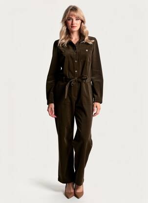 Salopetă-pantalon închidere cu nasturi pe față mâneci lungi verde ARTLOVE femeie